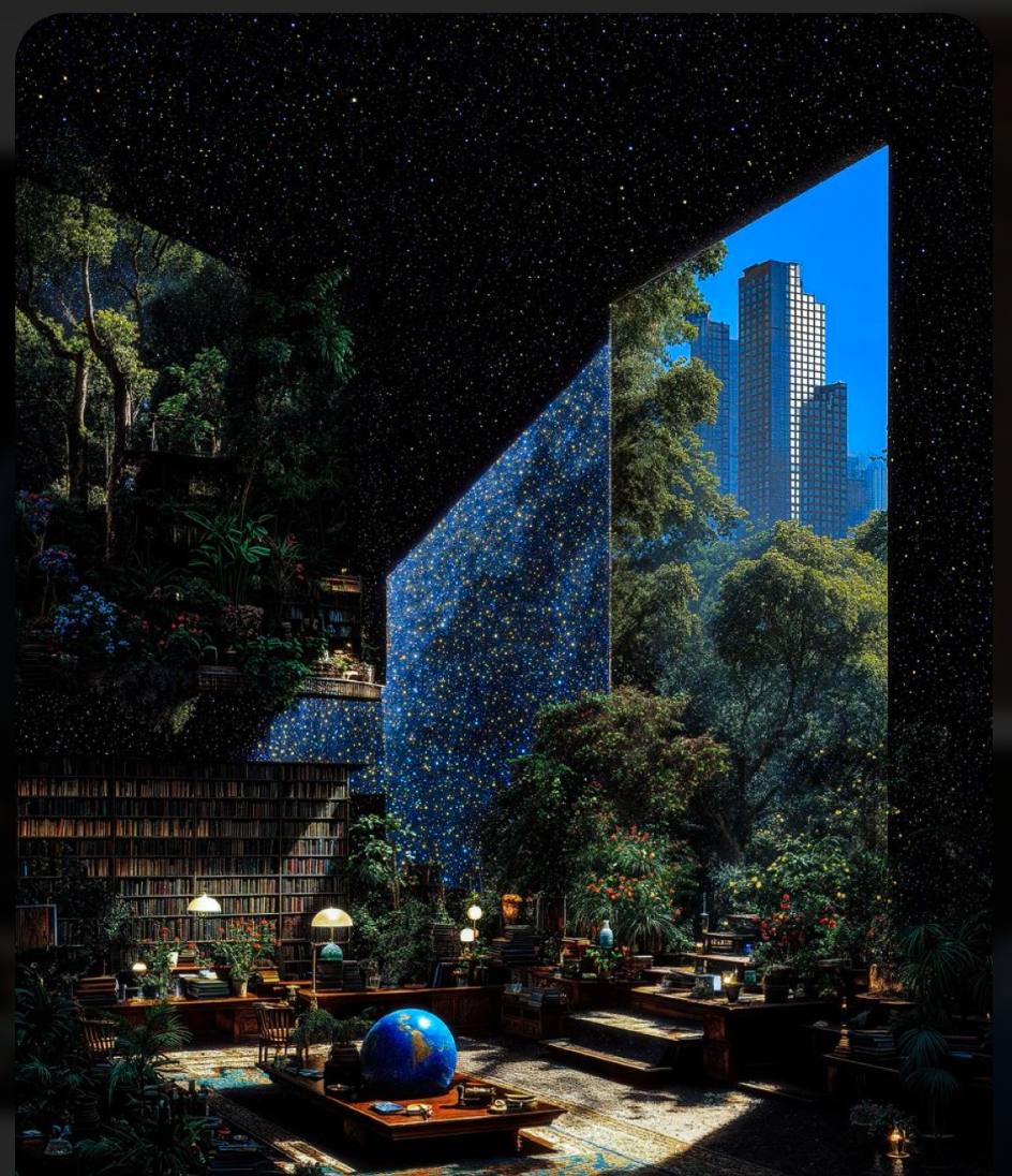 A library and garden opening toward a future city beneath a star-filled sky